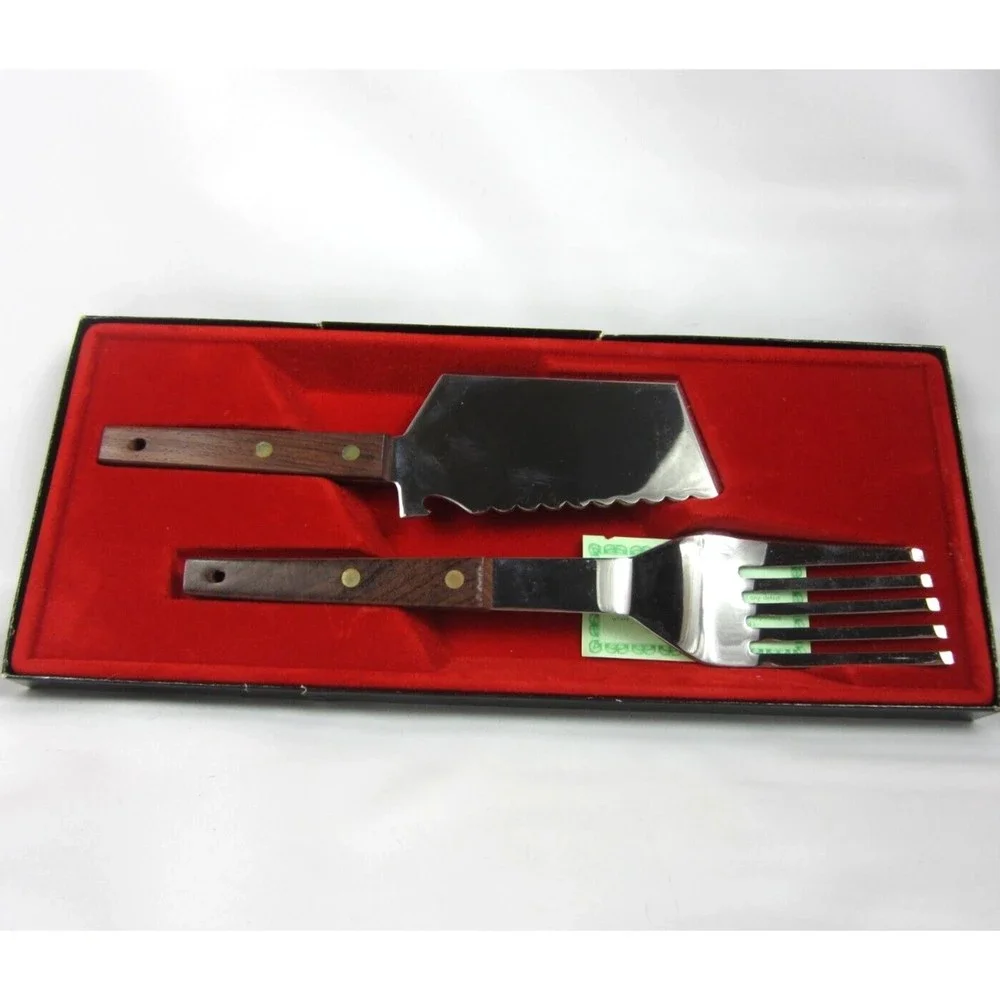 Vintage 1960's Vernco Stainless Cutlery Serving Set Wood Handles MCM with Box